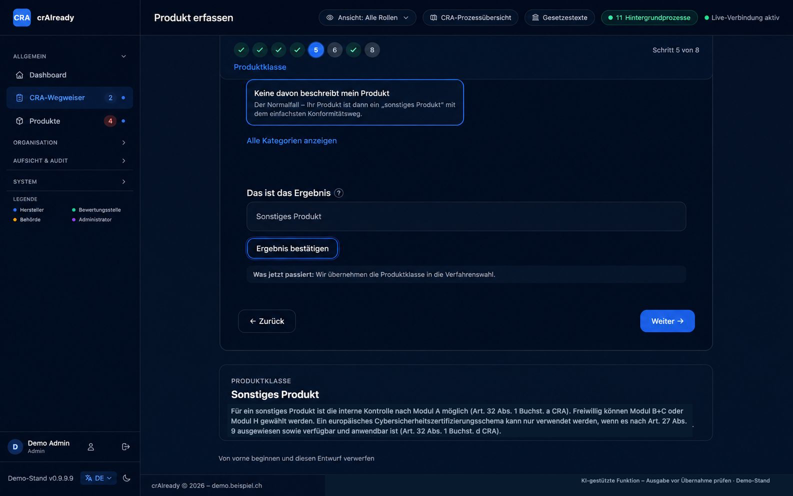 Produktklassen-Wizard in crAIready: Schritt Produktklasse mit der Demo-Einordnung „Sonstiges Produkt“