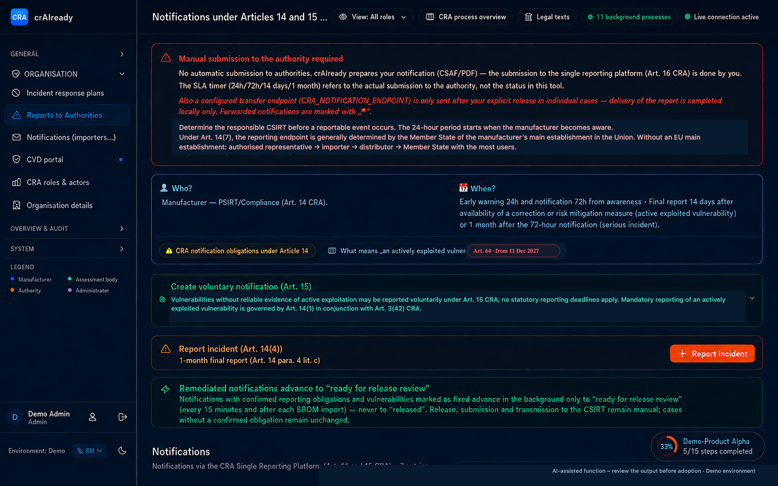 Article 14 reporting process in crAIready: notice on manual submission to the authority, reporting deadlines and voluntary notification under Article 15