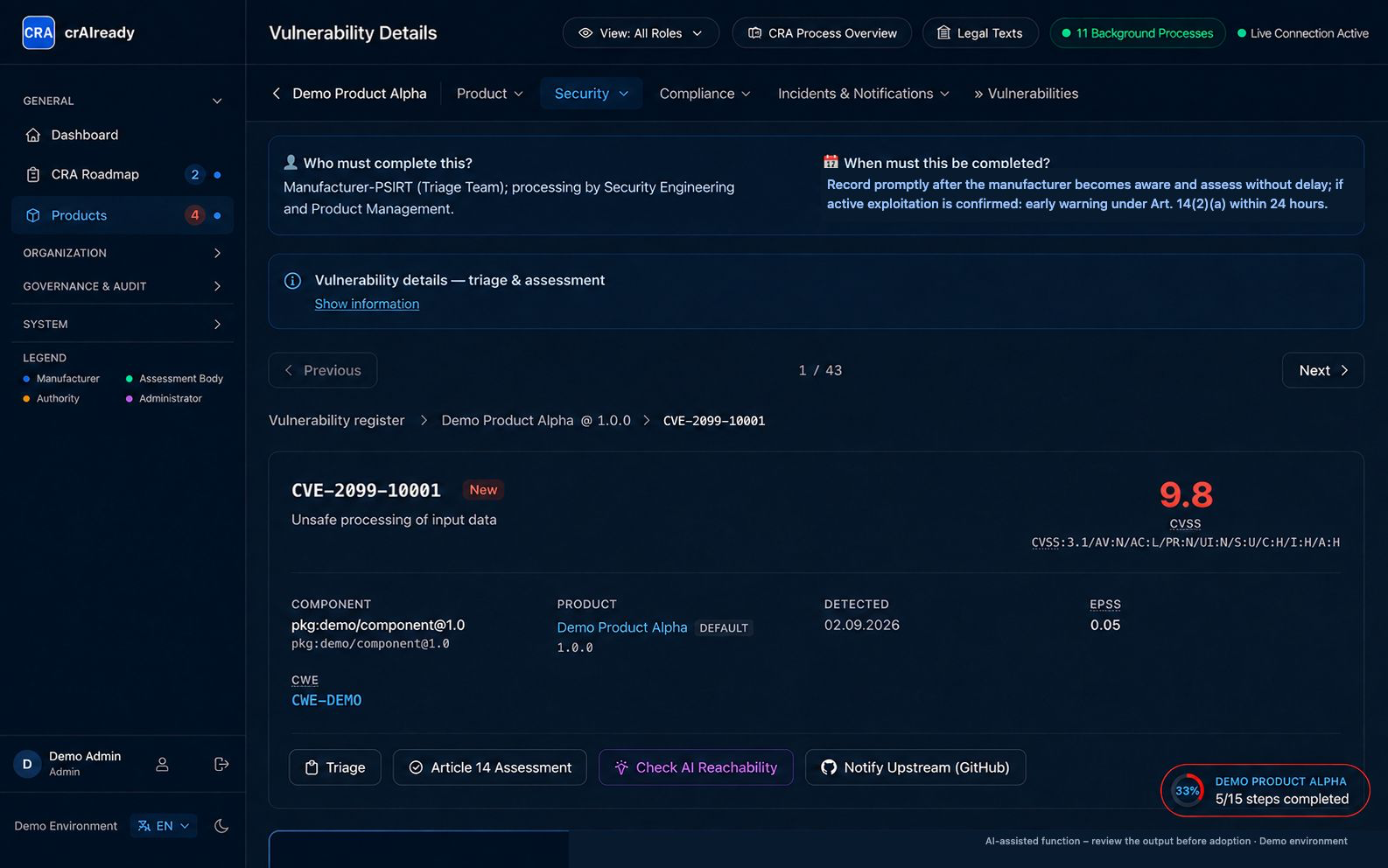 Article 14 vulnerability assessment in crAIready: triage view with transition to the reporting assessment