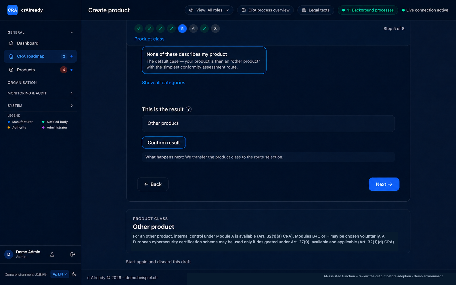 Product-class wizard in crAIready: product class step with the demo classification “Other product”